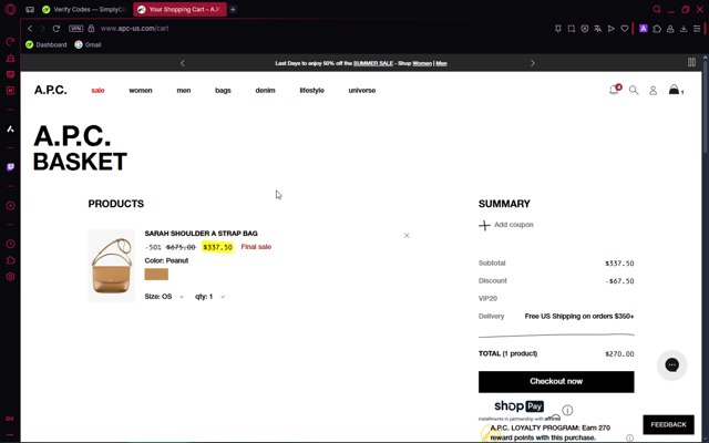A.P.C. checkout page showing A.P.C. promo code box | Screenshot taken by SimplyCodes community member on Aug 24, 2025