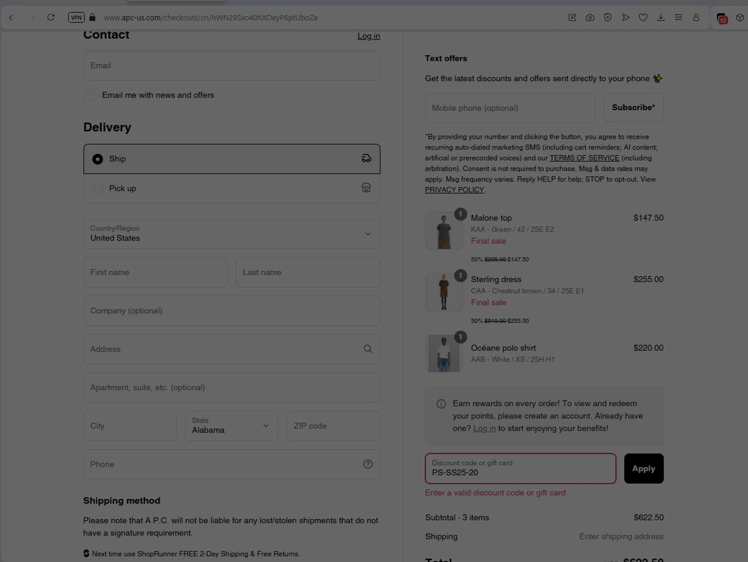A.P.C. promo code screenshot showing code PS-SS25-20 applied at A.P.C. checkout page. Uploaded by SimplyCodes community member LukaModric on Aug 24, 2025
