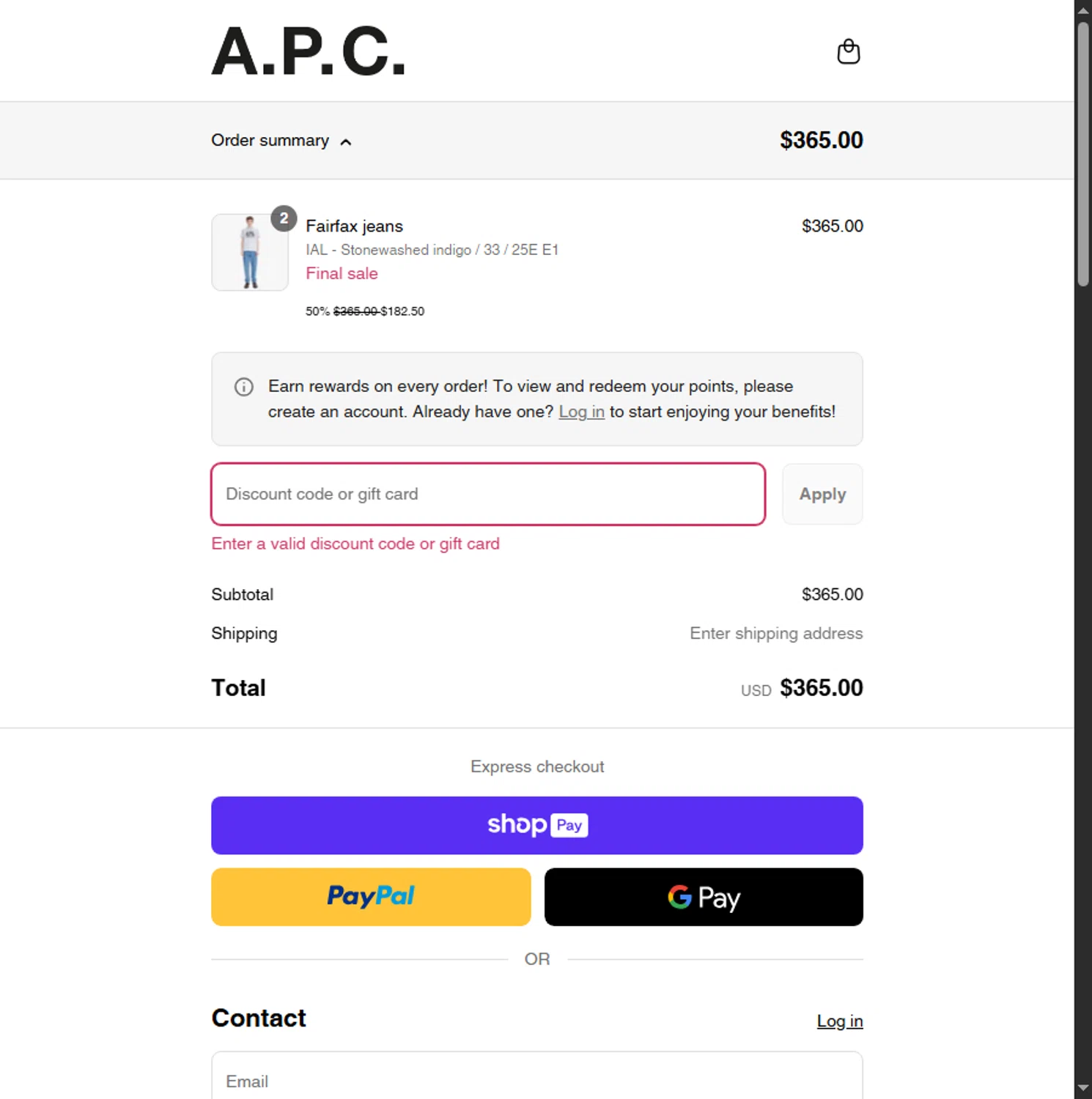 A.P.C. promo code screenshot showing code PS-SS25-20 applied at A.P.C. checkout page. Uploaded by SimplyCodes community member Sadalsuud on Jul 31, 2025