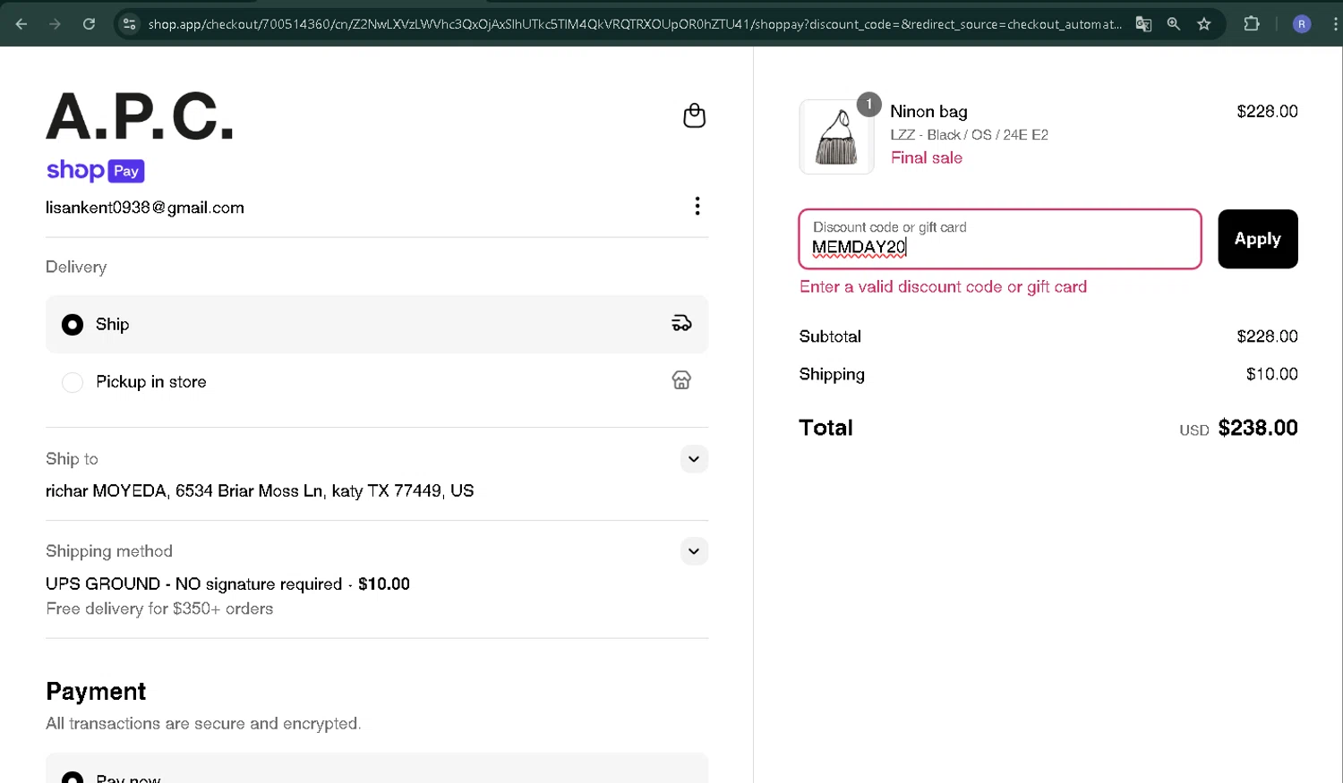 A.P.C. promo code screenshot showing code MEMDAY20 applied at A.P.C. checkout page. Uploaded by SimplyCodes community member CoinPilot9113 on Jun 15, 2025