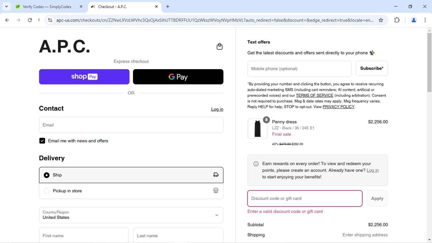 A.P.C. promo code screenshot showing code MEMDAY20 applied at A.P.C. checkout page. Uploaded by SimplyCodes community member Dizlike2025 on Jun 15, 2025