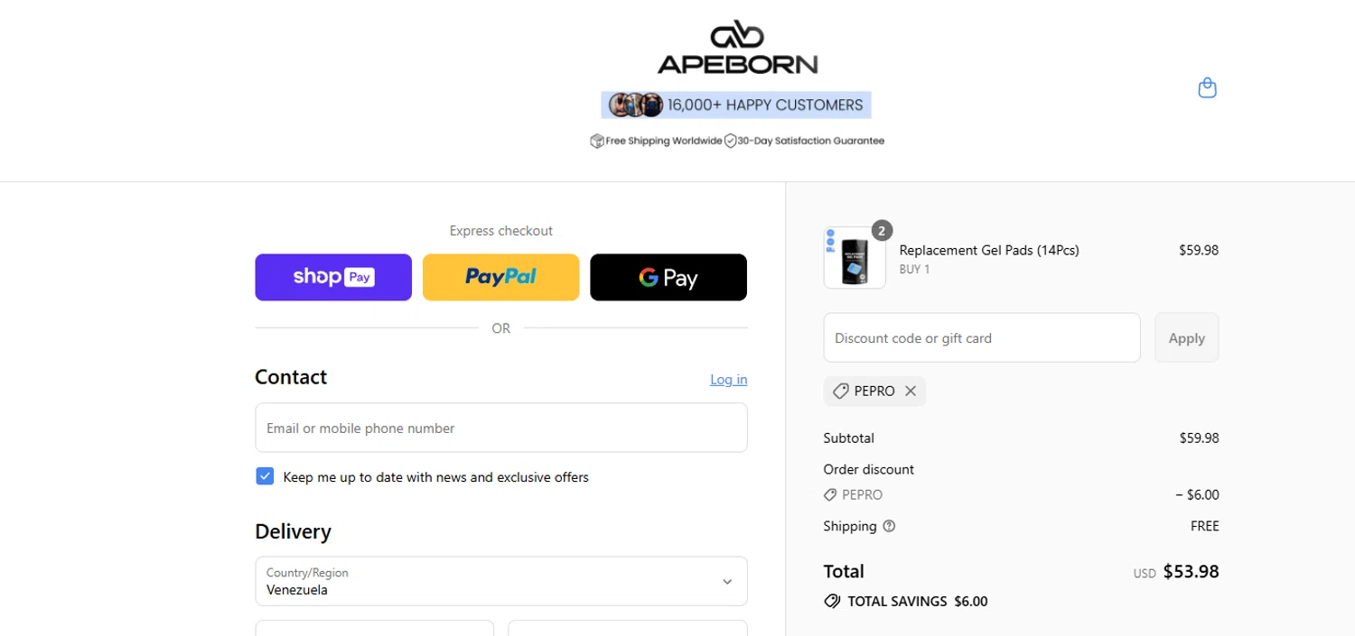 APE BORN promo code screenshot showing code pepro applied at APE BORN checkout page. Uploaded by SimplyCodes community member Notengonombre on Jul 16, 2025