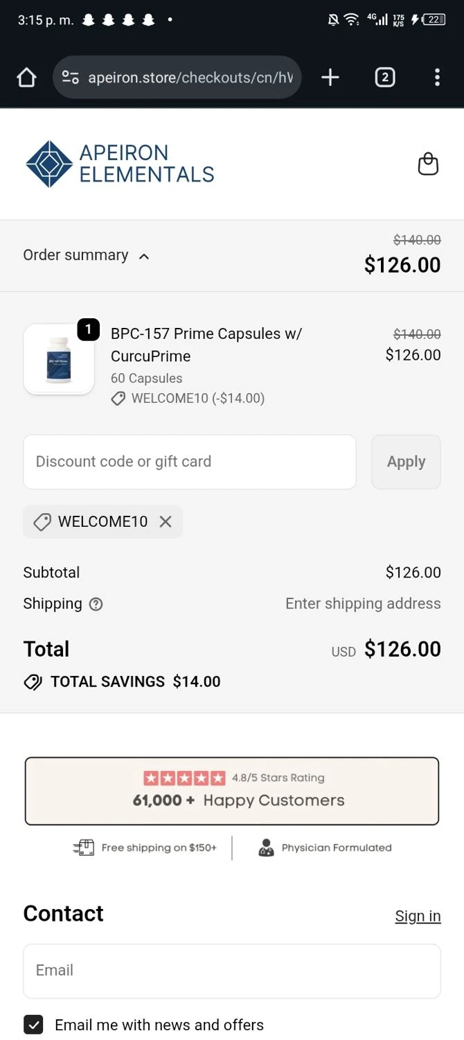 Apeiron Elementals discount code screenshot showing code WELCOME10 applied at Apeiron Elementals checkout page. Uploaded by SimplyCodes community member Sasuk3 on Nov 22, 2025