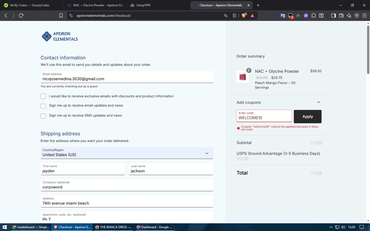 Apeiron Elementals discount code screenshot showing code WELCOME10 applied at Apeiron Elementals checkout page. Uploaded by SimplyCodes community member usuario500 on Oct 13, 2025
