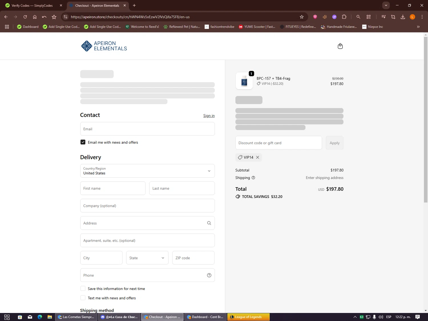 Apeiron Elementals discount code screenshot showing code VIP14 applied at Apeiron Elementals checkout page. Uploaded by SimplyCodes community member Alalee on Oct 25, 2025