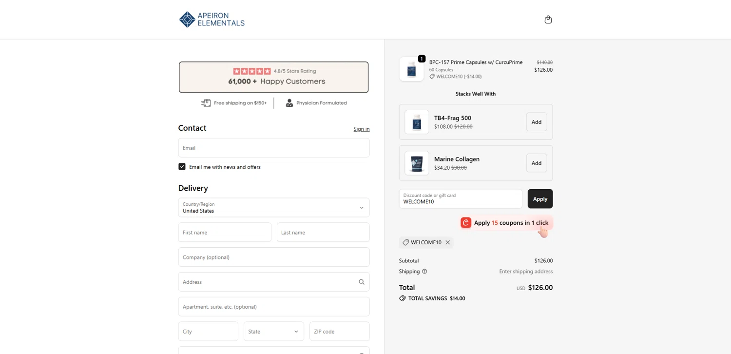 Apeiron Elementals discount code screenshot showing code WELCOME10 applied at Apeiron Elementals checkout page. Uploaded by SimplyCodes community member pabloprieto on Oct 26, 2025