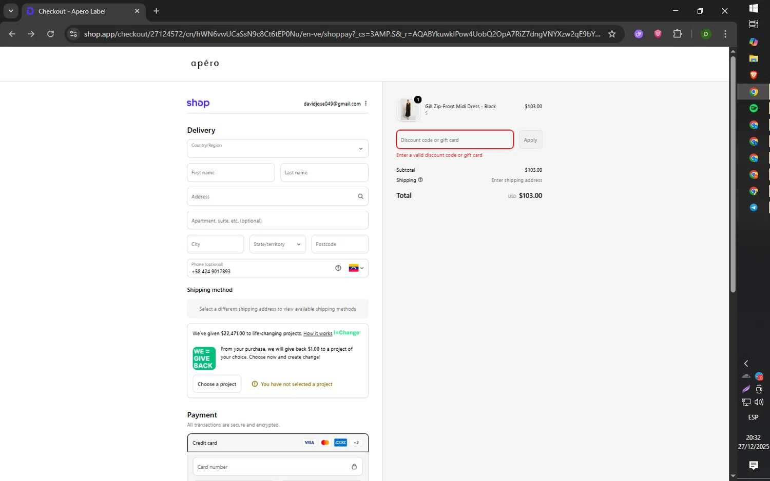 Apero Label discount code screenshot showing code 2DRESSES applied at Apero Label checkout page. Uploaded by SimplyCodes community member 61451681 on Dec 28, 2025