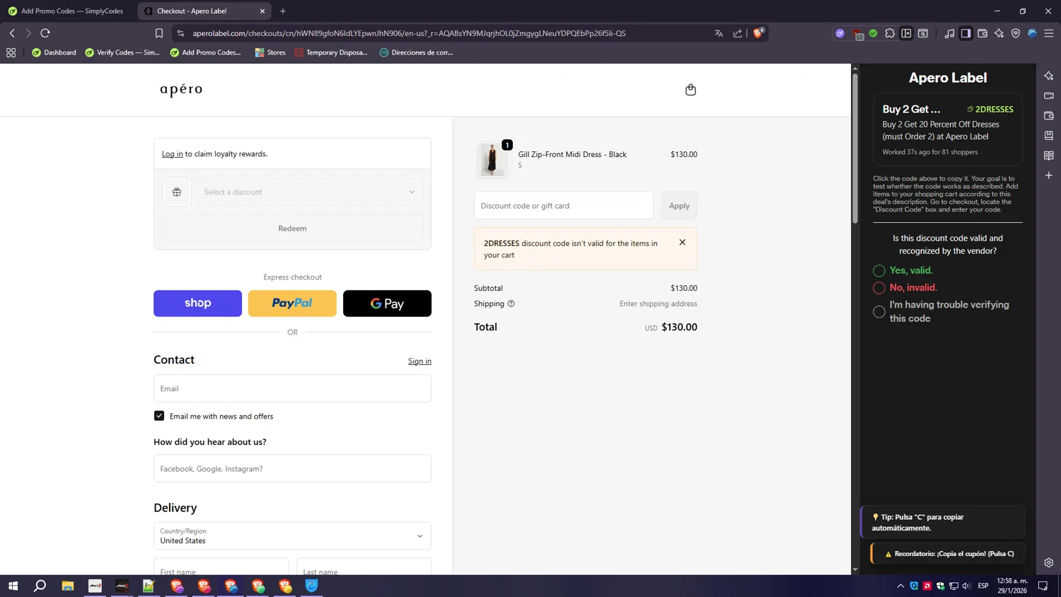 Apero Label discount code screenshot showing code 2DRESSES applied at Apero Label checkout page. Uploaded by SimplyCodes community member GoldSaver3857 on Jan 29, 2026