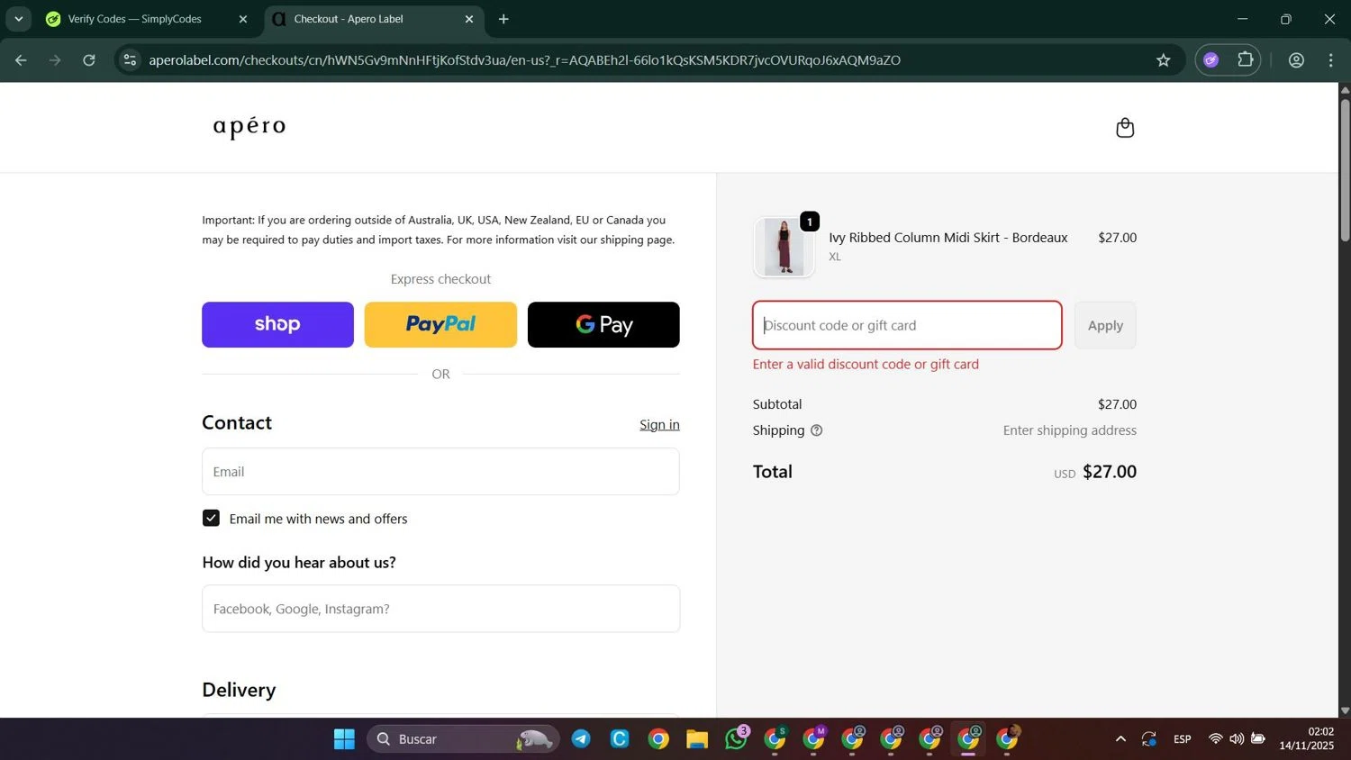 Apero Label discount code screenshot showing code 3TEES applied at Apero Label checkout page. Uploaded by SimplyCodes community member LuckyElite8069 on Nov 14, 2025