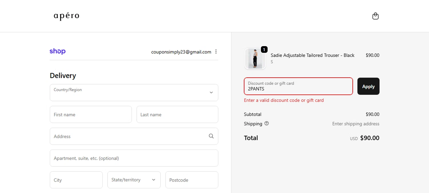 Apero Label discount code screenshot showing code 2PANTS applied at Apero Label checkout page. Uploaded by SimplyCodes community member Myrulesmagazine23 on Dec 28, 2025
