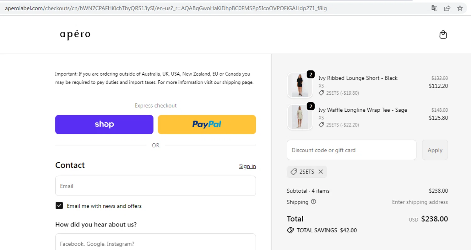 Apero Label discount code screenshot showing code 2SETS applied at Apero Label checkout page. Uploaded by SimplyCodes community member EMILIANOMASABE on Jan 4, 2026