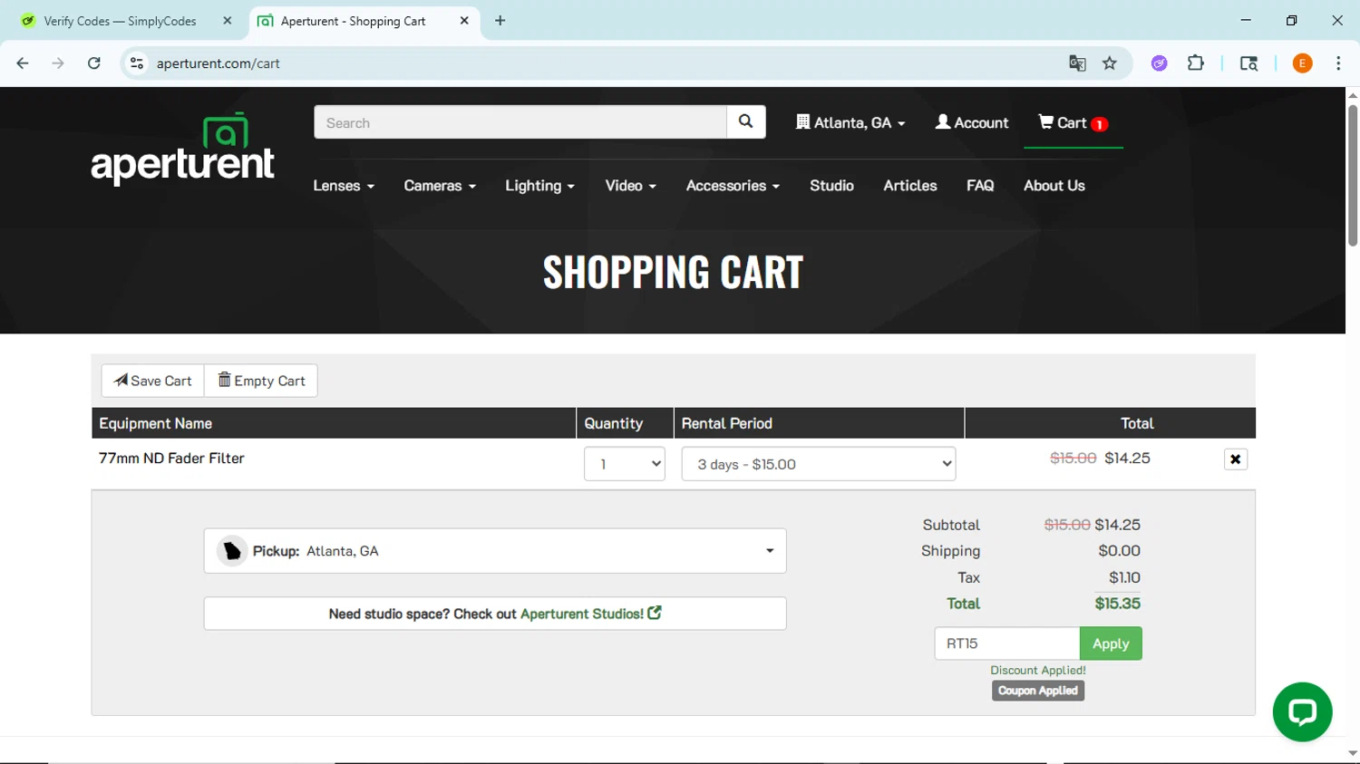 Aperturent.com coupon code screenshot showing code RT15 applied at Aperturent.com checkout page. Uploaded by SimplyCodes community member BudgetFox5491 on Jun 28, 2025
