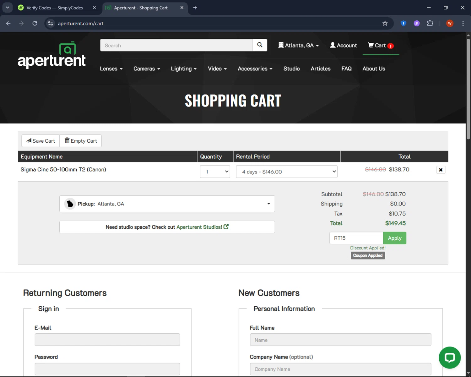 Aperturent.com coupon code screenshot showing code RT15 applied at Aperturent.com checkout page. Uploaded by SimplyCodes community member CashPro9699 on Jun 21, 2025