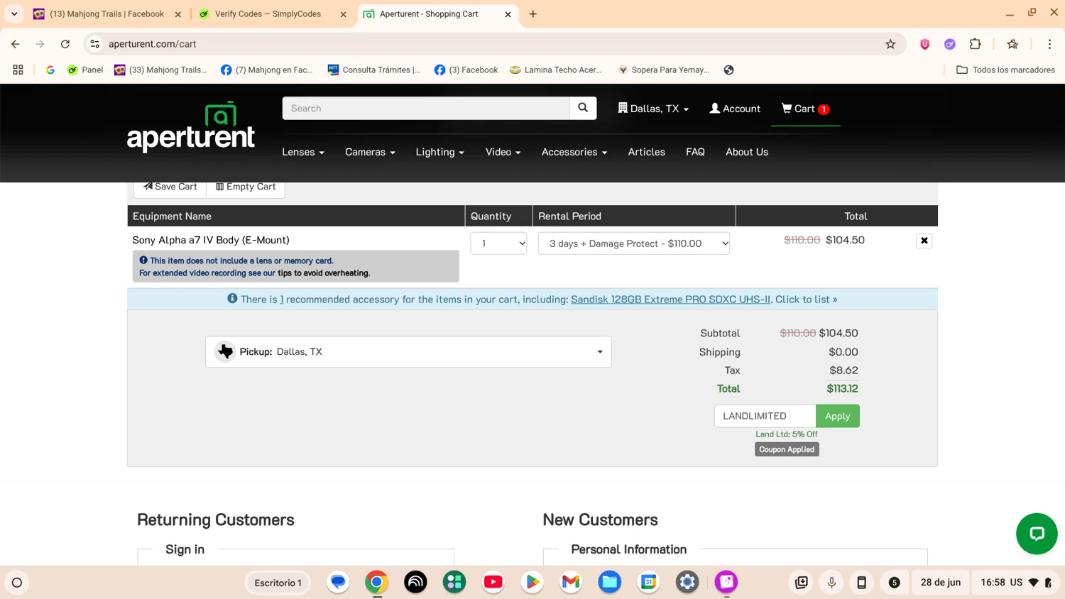Aperturent.com coupon code screenshot showing code LANDLIMITED applied at Aperturent.com checkout page. Uploaded by SimplyCodes community member ShrewdExpert7367 on Jun 28, 2025