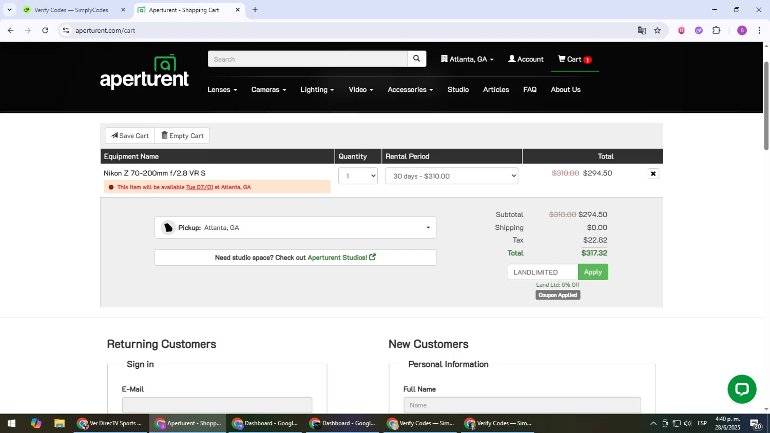 Aperturent.com coupon code screenshot showing code LANDLIMITED applied at Aperturent.com checkout page. Uploaded by SimplyCodes community member Son_Goku on Jun 28, 2025