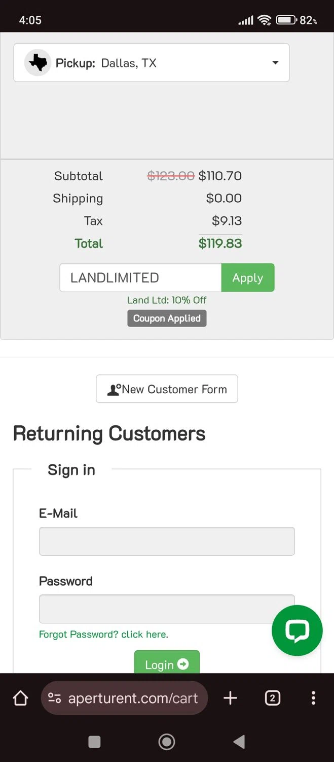 Aperturent.com coupon code screenshot showing code LANDLIMITED applied at Aperturent.com checkout page. Uploaded by SimplyCodes community member carlacabrera1 on Jun 21, 2025