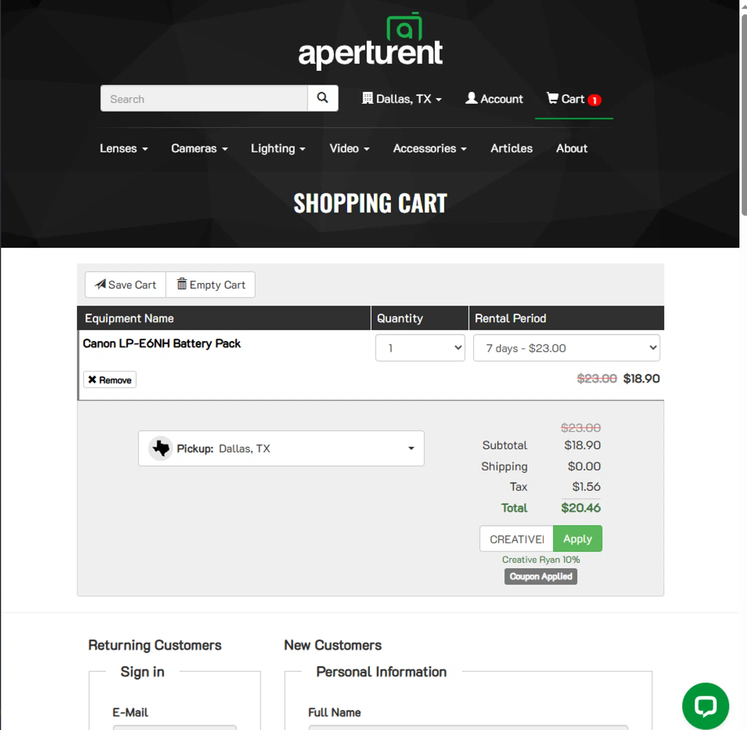 Aperturent.com coupon code screenshot showing code CREATIVERYAN10 applied at Aperturent.com checkout page. Uploaded by SimplyCodes community member La_Cara_Mia on Jun 28, 2025