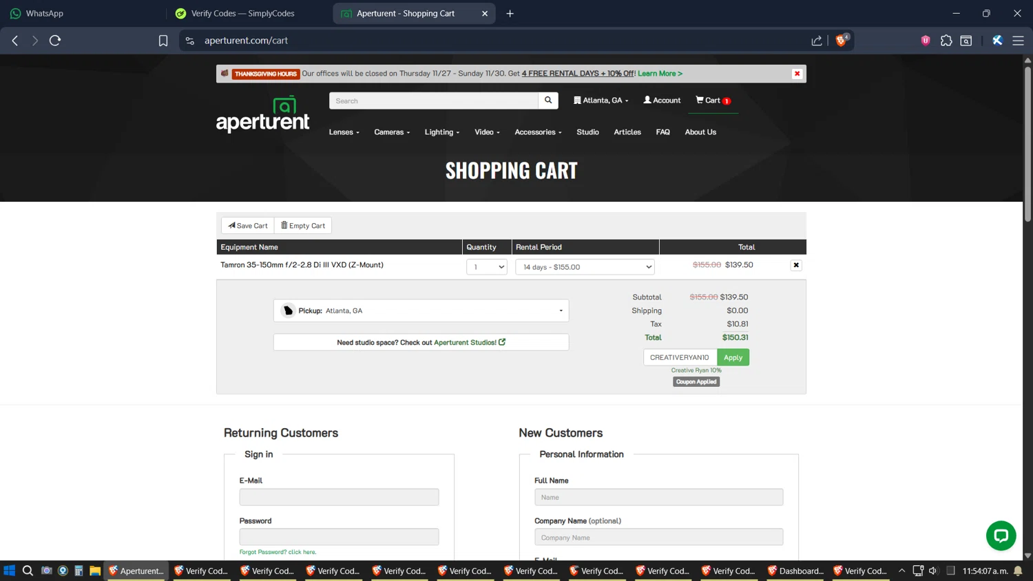 Aperturent.com coupon code screenshot showing code CREATIVERYAN10 applied at Aperturent.com checkout page. Uploaded by SimplyCodes community member SimplyGOAT on Nov 26, 2025