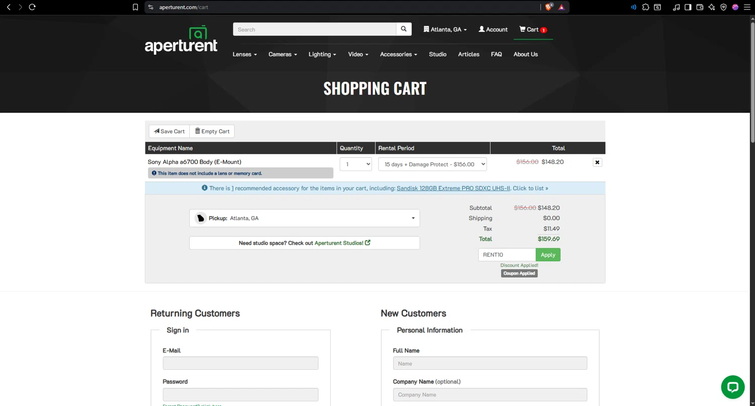 Aperturent.com checkout page showing Aperturent.com coupon code box | Screenshot taken by SimplyCodes community member on Oct 4, 2025