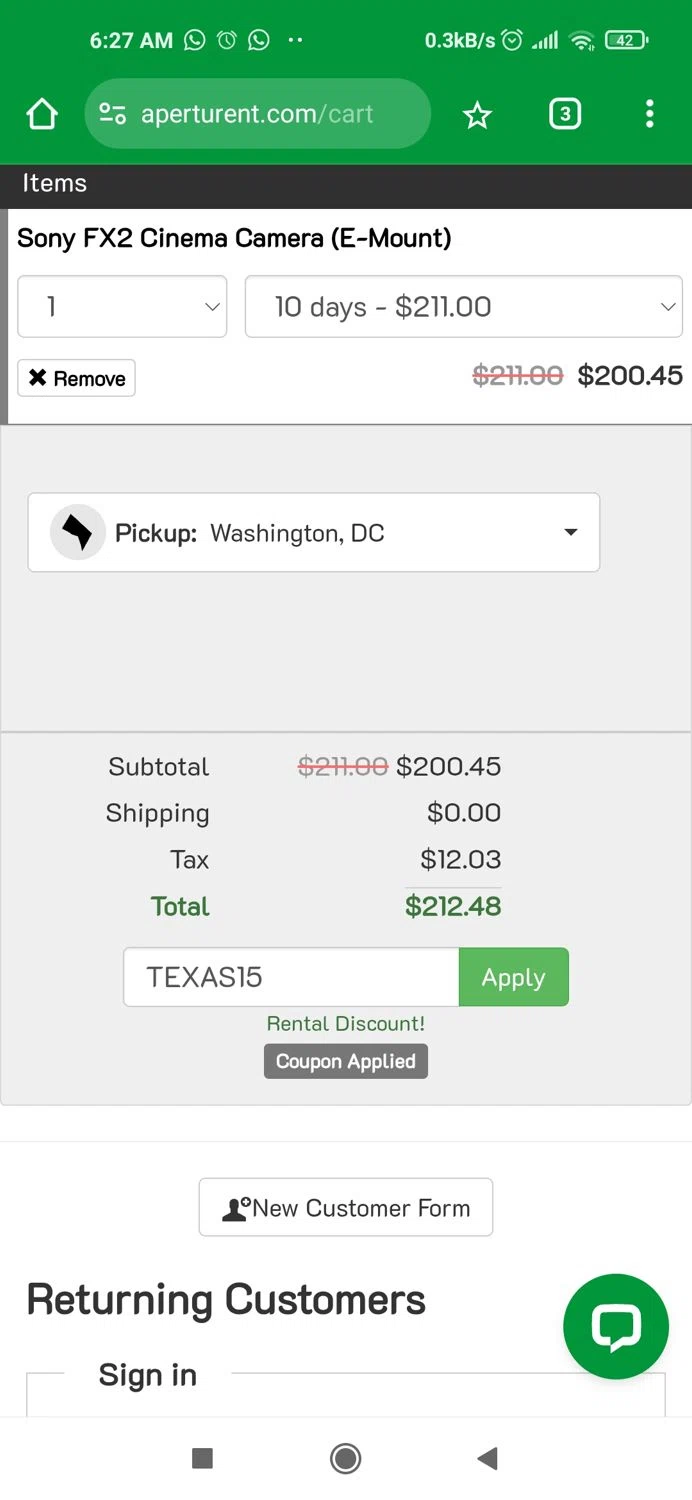 Aperturent.com coupon code screenshot showing code TEXAS15 applied at Aperturent.com checkout page. Uploaded by SimplyCodes community member Piolin on Sep 23, 2025