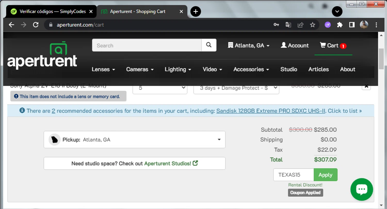 Aperturent.com coupon code screenshot showing code TEXAS15 applied at Aperturent.com checkout page. Uploaded by SimplyCodes community member enmanuelhernandezRodriguez on Oct 22, 2025