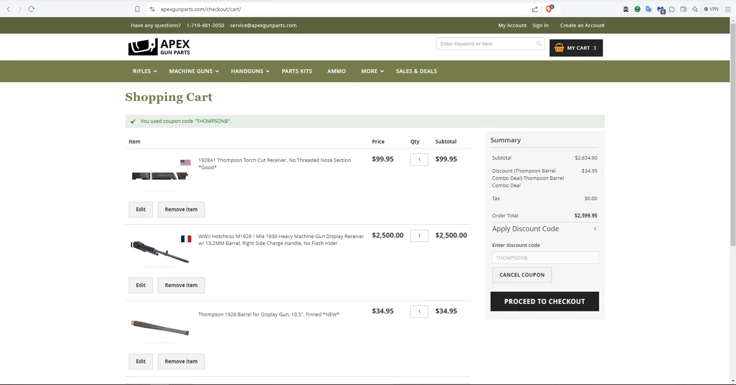 APEX Gun Parts checkout page showing APEX Gun Parts discount code box | Screenshot taken by SimplyCodes community member on Aug 27, 2024