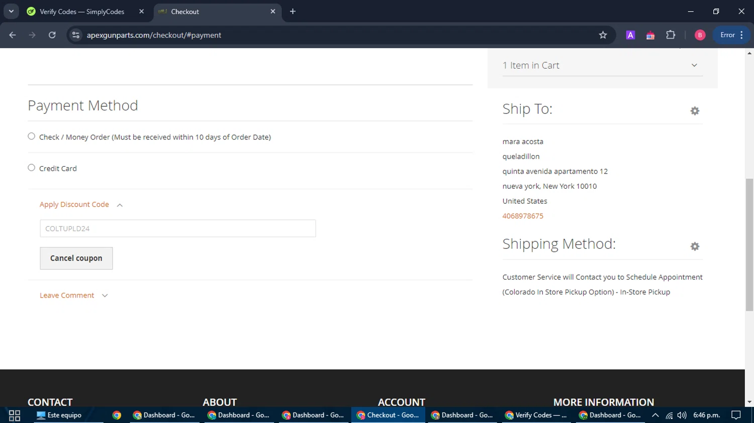 APEX Gun Parts checkout page showing APEX Gun Parts discount code box | Screenshot taken by SimplyCodes community member on Aug 28, 2024