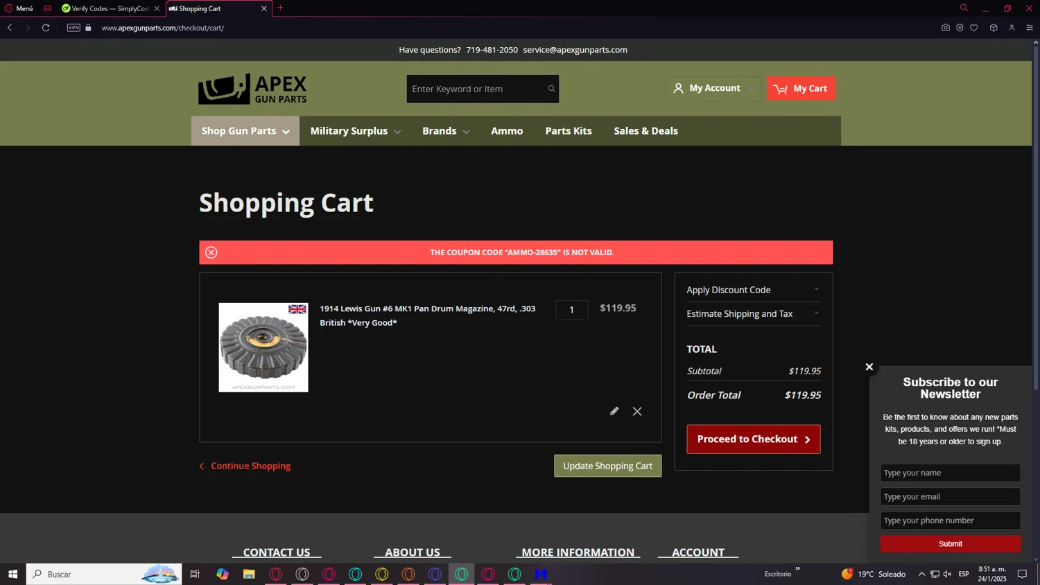 APEX Gun Parts discount code screenshot showing code AMMO-28635 applied at APEX Gun Parts checkout page. Uploaded by SimplyCodes community member DiscountPilot6482 on Jan 24, 2025