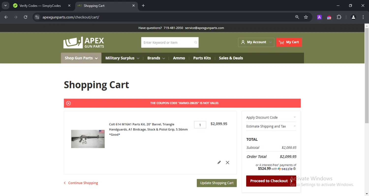 APEX Gun Parts discount code screenshot showing code AMMO-28635 applied at APEX Gun Parts checkout page. Uploaded by SimplyCodes community member jossnchez1 on Jan 24, 2025