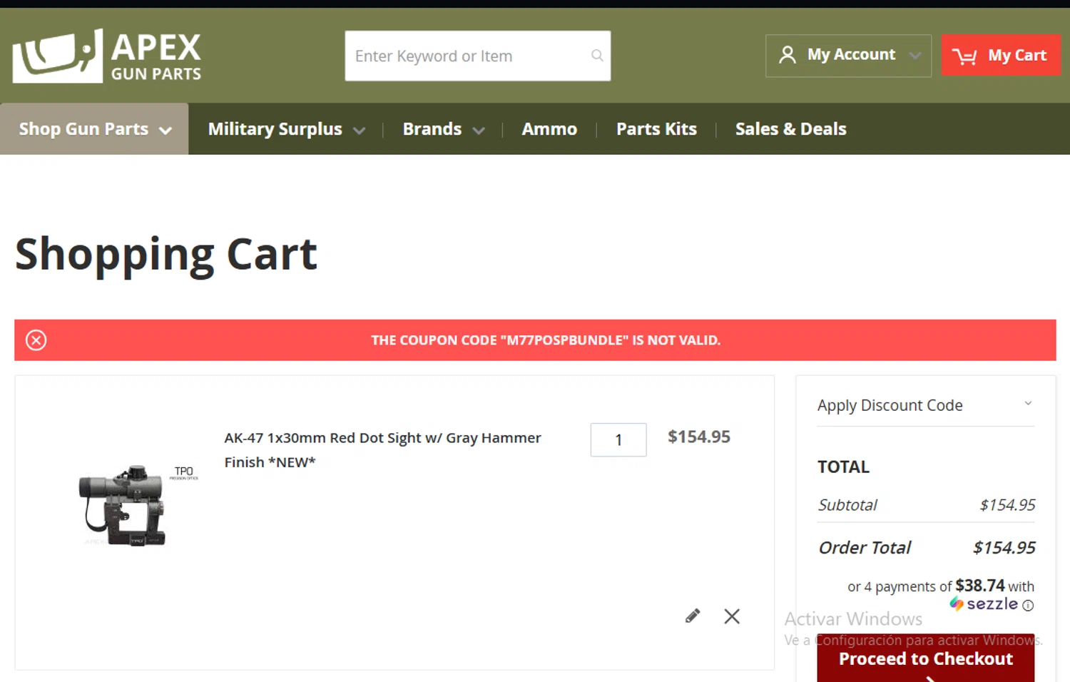 APEX Gun Parts discount code screenshot showing code M77POSPBundle applied at APEX Gun Parts checkout page. Uploaded by SimplyCodes community member Gary_23 on Mar 16, 2025