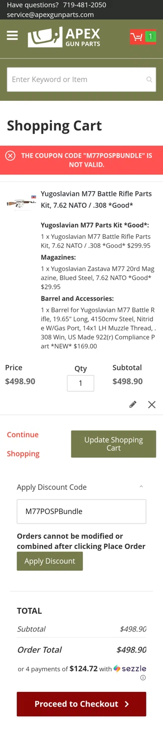 APEX Gun Parts discount code screenshot showing code M77POSPBundle applied at APEX Gun Parts checkout page. Uploaded by SimplyCodes community member JesusCaballero on Mar 16, 2025
