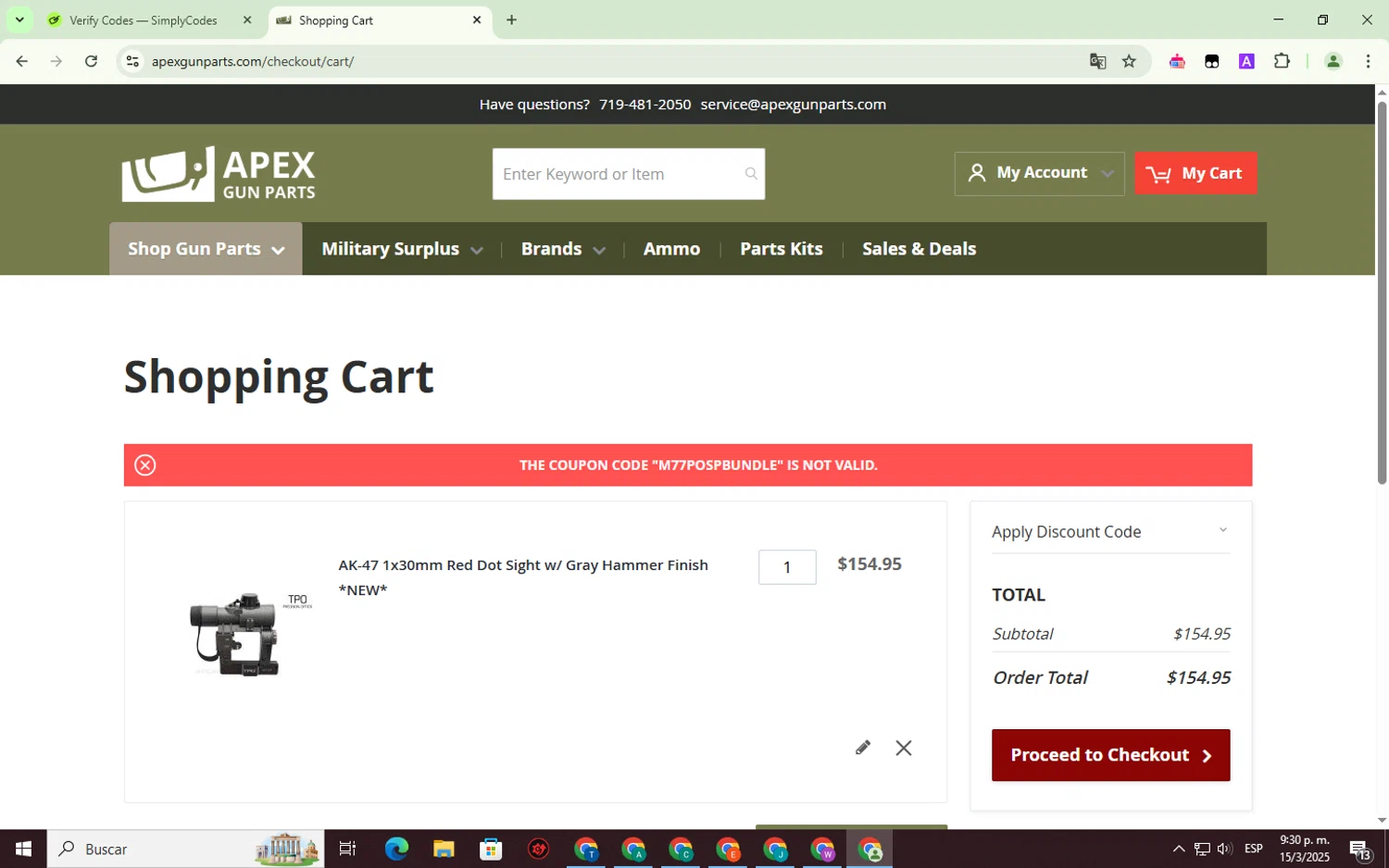 APEX Gun Parts discount code screenshot showing code M77POSPBundle applied at APEX Gun Parts checkout page. Uploaded by SimplyCodes community member SmartWhiz1165 on Mar 16, 2025