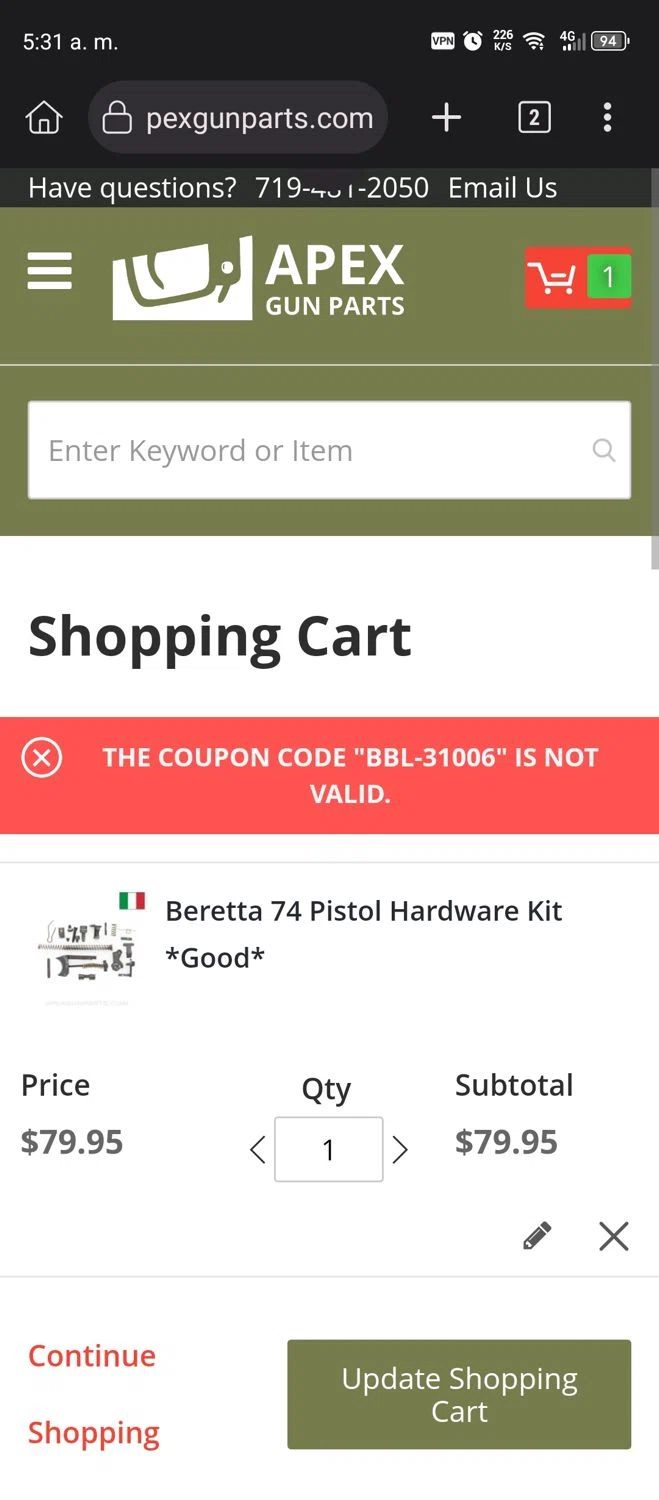 APEX Gun Parts discount code screenshot showing code BBL-31006 applied at APEX Gun Parts checkout page. Uploaded by SimplyCodes community member GumballWatterson on Sep 14, 2025