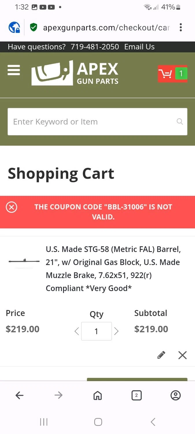 APEX Gun Parts discount code screenshot showing code BBL-31006 applied at APEX Gun Parts checkout page. Uploaded by SimplyCodes community member MoneyMaven5115 on Sep 14, 2025