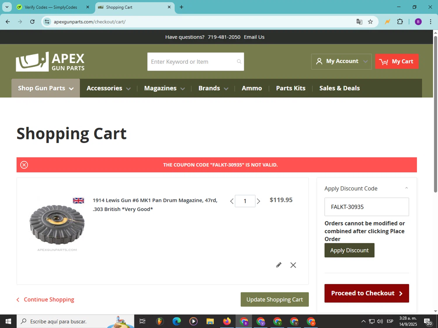 APEX Gun Parts discount code screenshot showing code FALKT-30935 applied at APEX Gun Parts checkout page. Uploaded by SimplyCodes community member Soyvictor on Sep 14, 2025