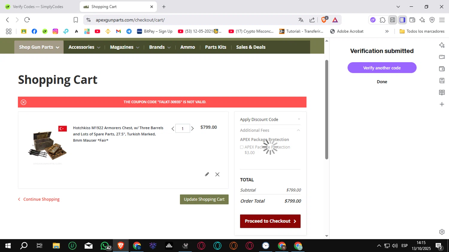 APEX Gun Parts discount code screenshot showing code FALKT-30935 applied at APEX Gun Parts checkout page. Uploaded by SimplyCodes community member Sungjinwoo on Oct 13, 2025