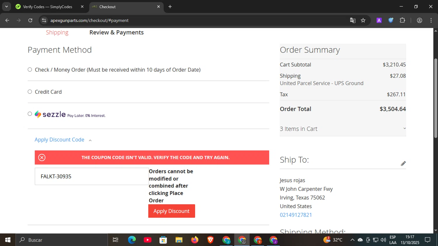 APEX Gun Parts discount code screenshot showing code FALKT-30935 applied at APEX Gun Parts checkout page. Uploaded by SimplyCodes community member underwater on Oct 13, 2025