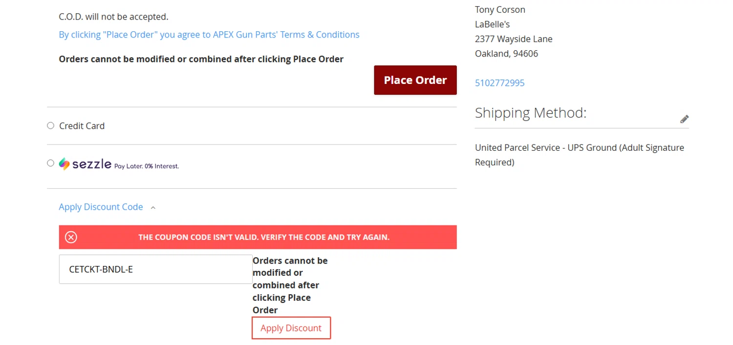 APEX Gun Parts discount code screenshot showing code CETCKT-BNDL-E applied at APEX Gun Parts checkout page. Uploaded by SimplyCodes community member xHRxUltrax on Oct 31, 2025