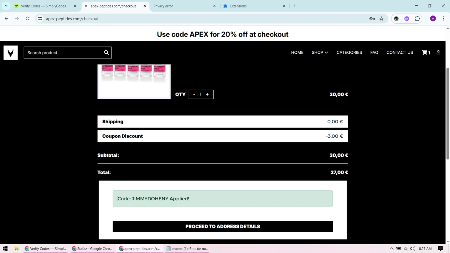 apex-peptides.com promo code screenshot showing code JIMMYDOHENY applied at apex-peptides.com checkout page. Uploaded by SimplyCodes community member CashChaser7272 on Nov 11, 2025