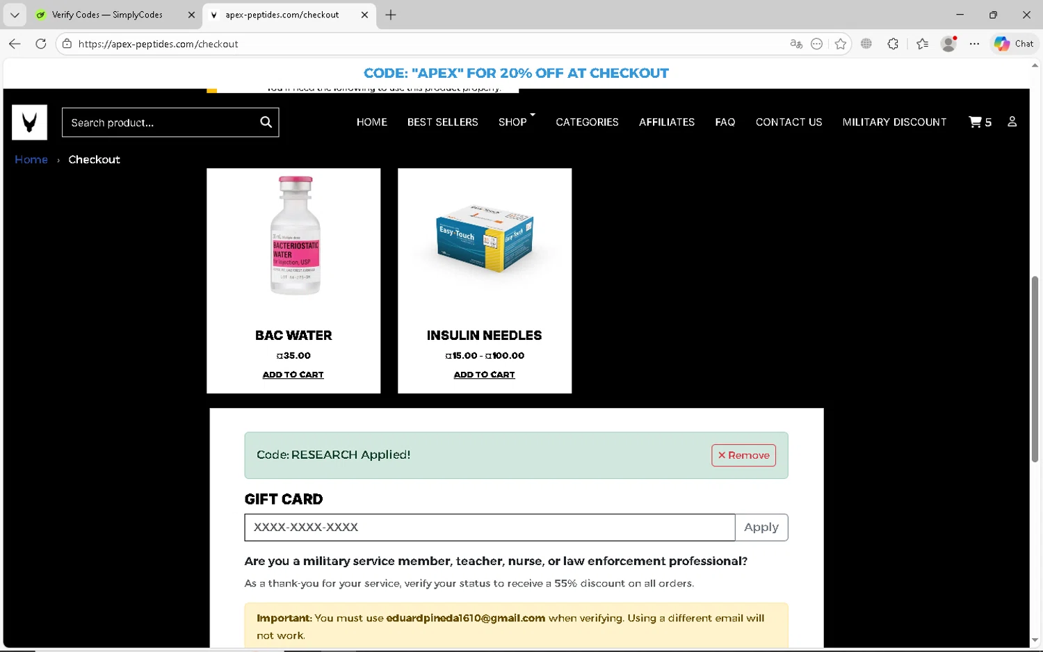 apex-peptides.com checkout page showing apex-peptides.com promo code box | Screenshot taken by SimplyCodes community member on Feb 10, 2026