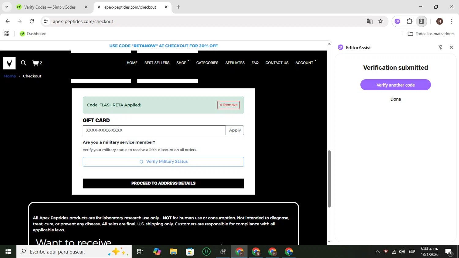 apex-peptides.com checkout page showing apex-peptides.com promo code box | Screenshot taken by SimplyCodes community member on Jan 13, 2026