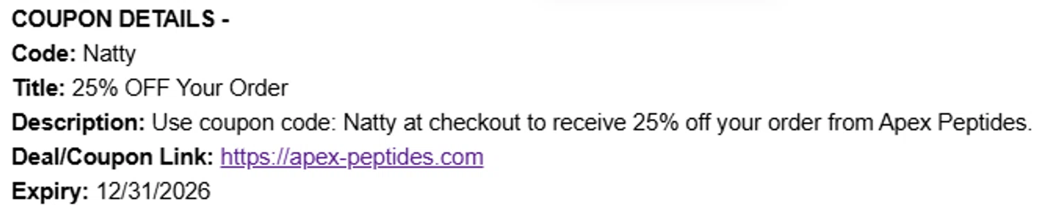 apex-peptides.com promo code screenshot showing code Natty applied at apex-peptides.com checkout page. Uploaded by SimplyCodes community member Swiftdealz on Oct 21, 2025