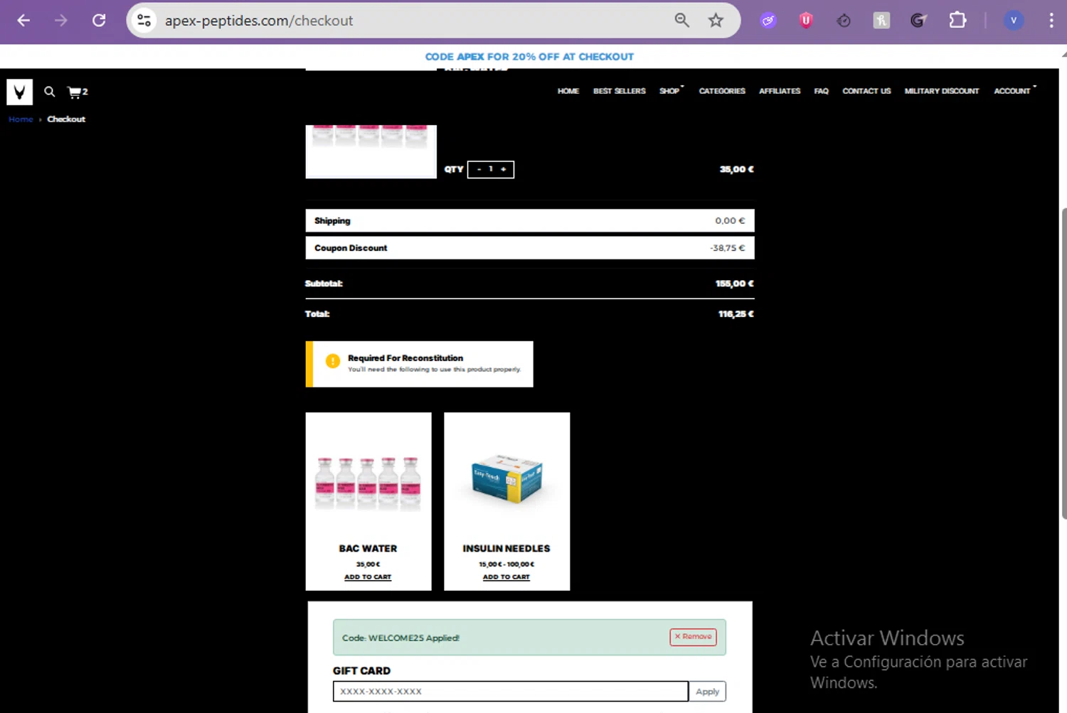 apex-peptides.com promo code screenshot showing code WELCOME25 applied at apex-peptides.com checkout page. Uploaded by SimplyCodes community member beatrizcastillo on Jan 21, 2026