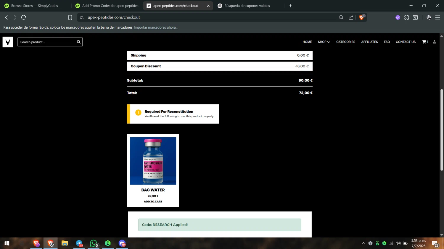 apex-peptides.com promo code screenshot showing code RESEARCH applied at apex-peptides.com checkout page. Uploaded by SimplyCodes community member juanvargas1 on Jul 7, 2025