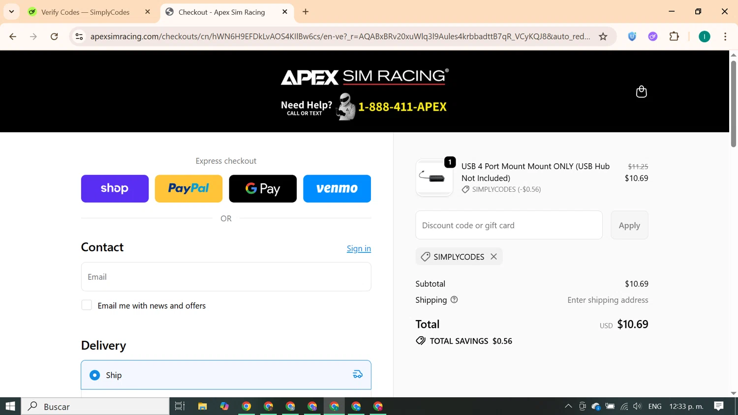 Apex Sim Racing discount code screenshot showing code SIMPLYCODES applied at Apex Sim Racing checkout page. Uploaded by SimplyCodes community member ExtraordinaryKnight690 on Dec 10, 2025