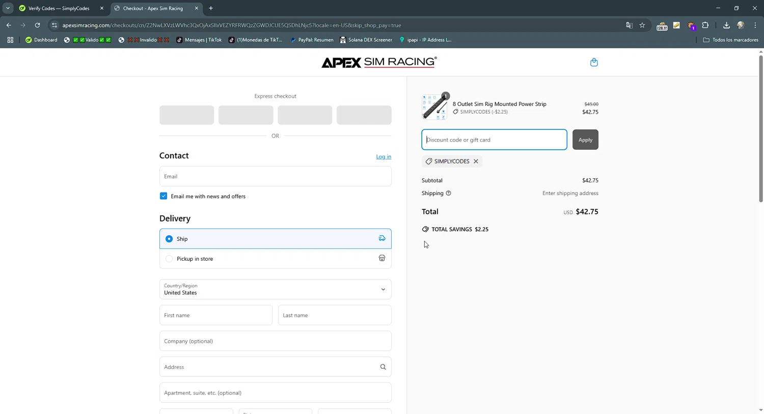 Apex Sim Racing discount code screenshot showing code SIMPLYCODES applied at Apex Sim Racing checkout page. Uploaded by SimplyCodes community member gribethr on Apr 5, 2025