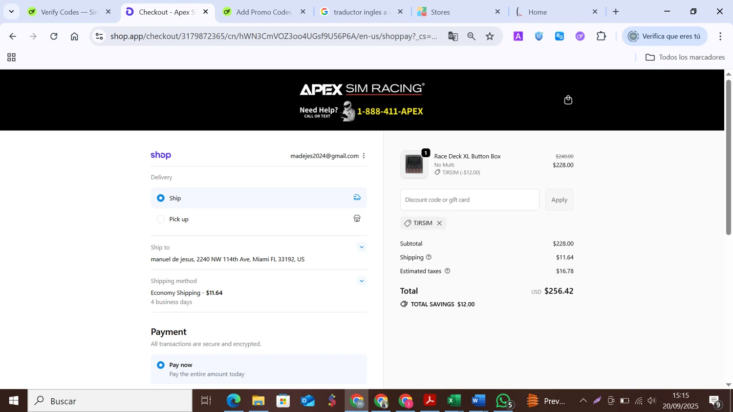 Apex Sim Racing discount code screenshot showing code TJRSIM applied at Apex Sim Racing checkout page. Uploaded by SimplyCodes community member MANUELURBINA on Sep 20, 2025