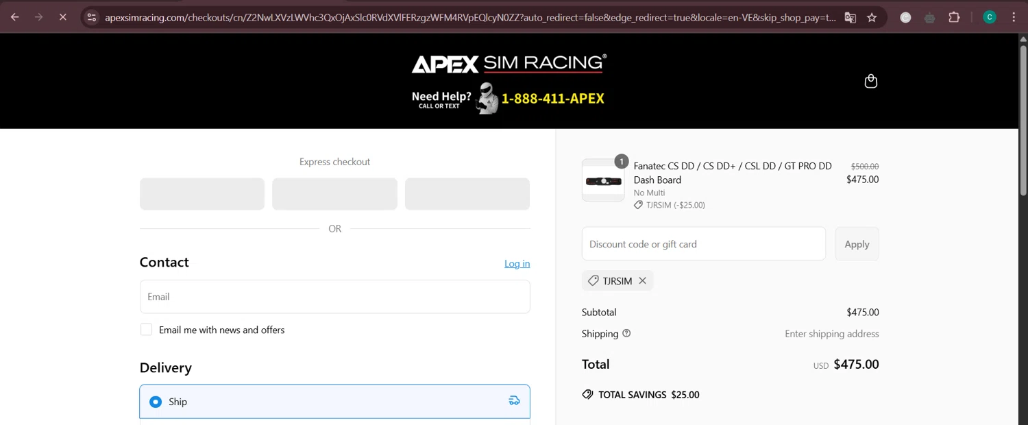 Apex Sim Racing discount code screenshot showing code TJRSIM applied at Apex Sim Racing checkout page. Uploaded by SimplyCodes community member Negritoo on May 25, 2025