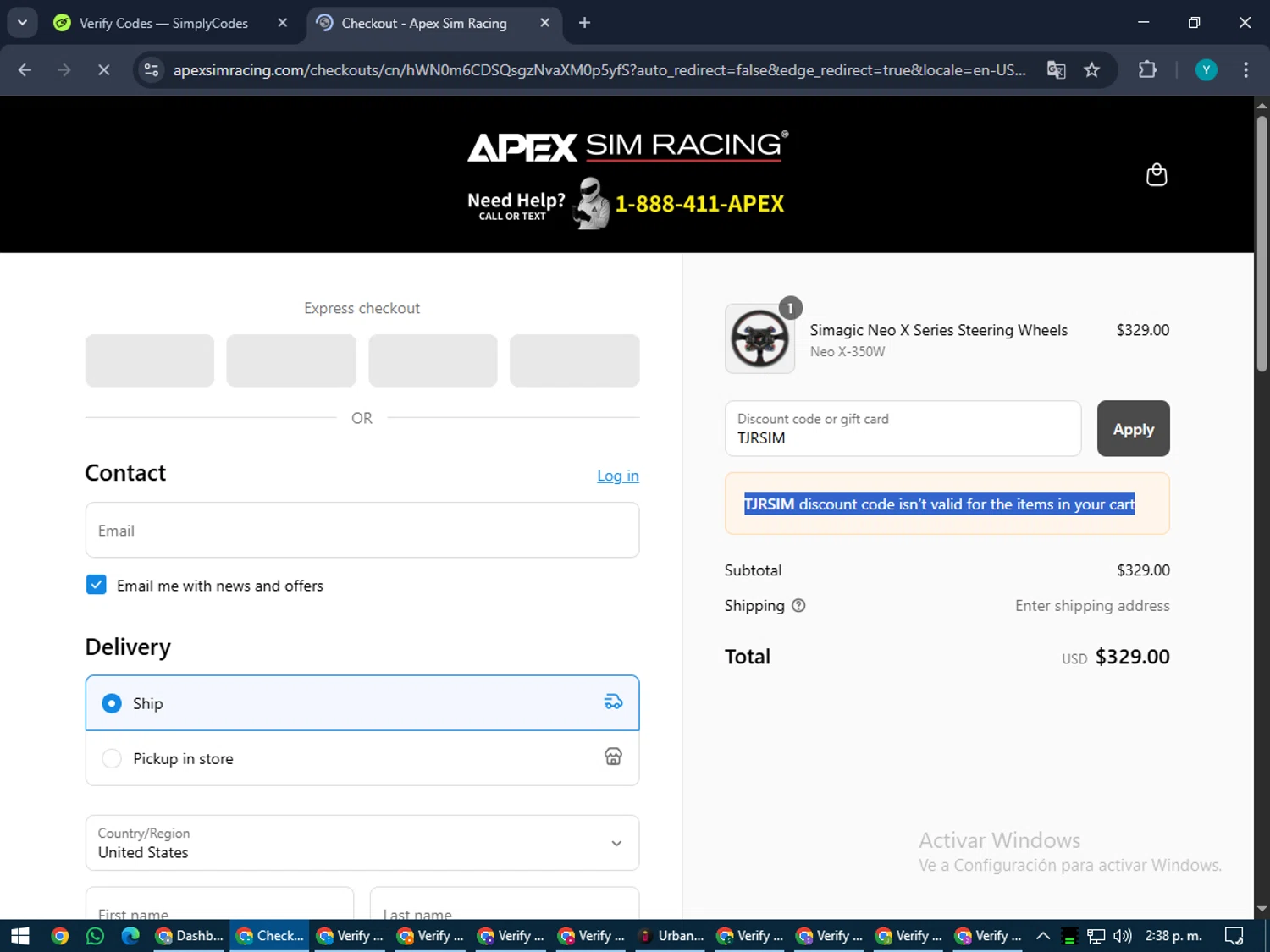 Apex Sim Racing discount code screenshot showing code TJRSIM applied at Apex Sim Racing checkout page. Uploaded by SimplyCodes community member RoyalEagle4794 on Jul 18, 2025