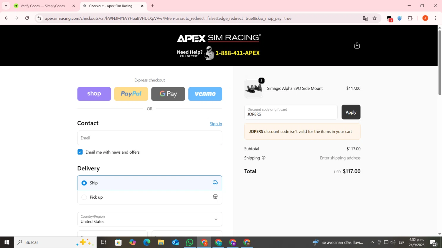 Apex Sim Racing discount code screenshot showing code JOPERS applied at Apex Sim Racing checkout page. Uploaded by SimplyCodes community member FrugalSentinel6206 on Sep 24, 2025